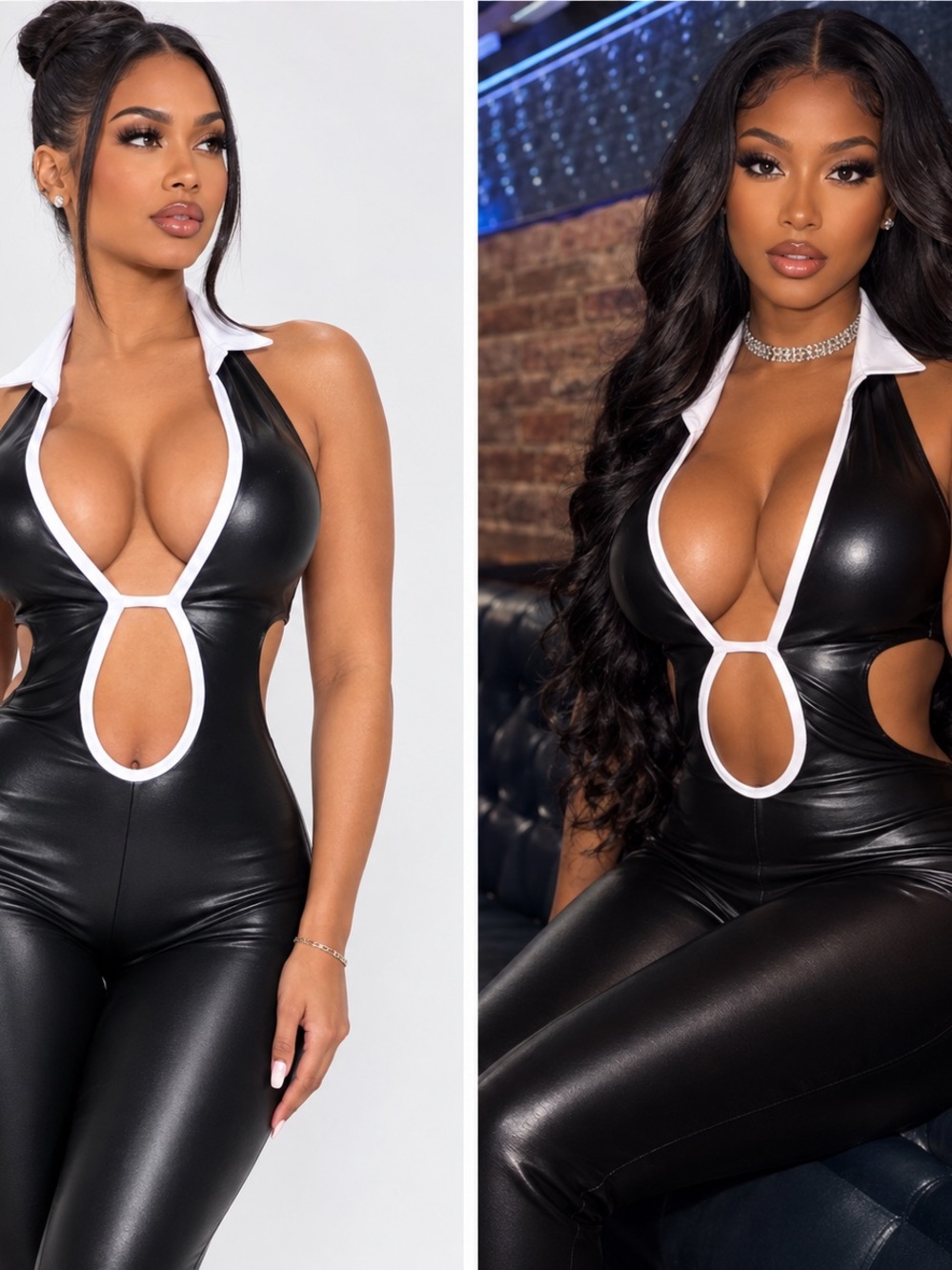 Plunge Faux Leather Halter Jumpsuit - Black